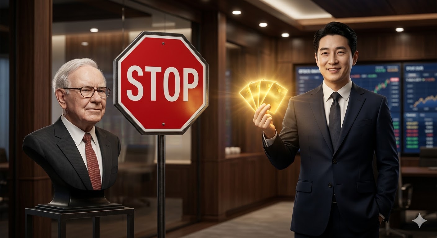 워런 버핏의 초상화 옆에 'STOP' 표지판이 있고, 그 옆에서 전문가가 4장의 황금 카드를 들고 미소 짓는 3D 일러스트. "S&amp;P500보다 10배 빠른 길"이라는 문구 강조