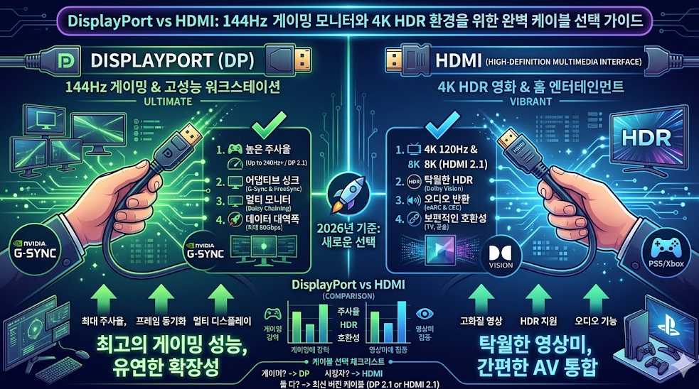 DisplayPort vs HDMI: 144Hz 게이밍 모니터와 4K HDR 환경을 위한 완벽 케이블 선택 가이드
