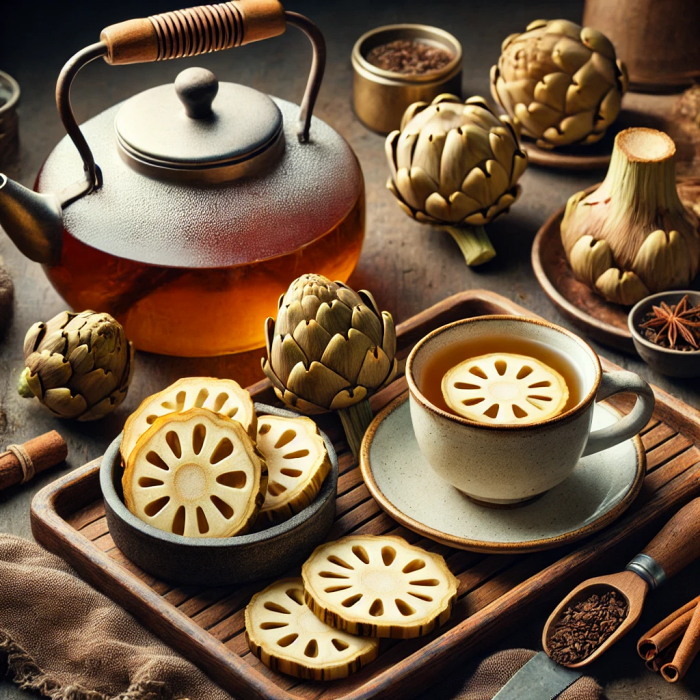 돼지감자 조각이 담긴 차 포트와 찻잔의 정갈한 배치