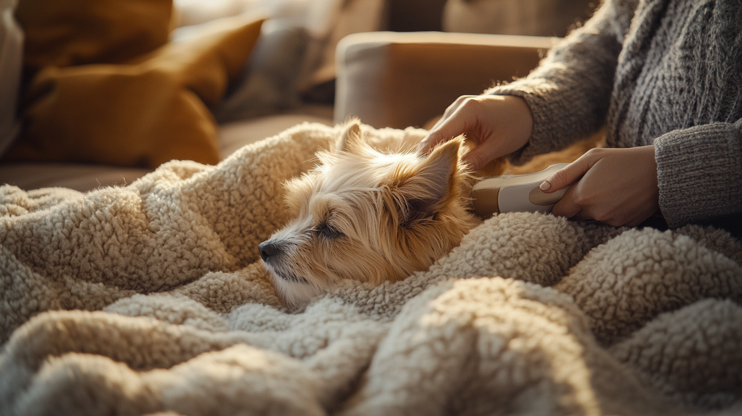 삼성 WF24D22CEEE의 펫케어 코스를 사용해 담요에서 반려동물 털을 제거하는 모습, 부드럽고 깨끗한 분위기