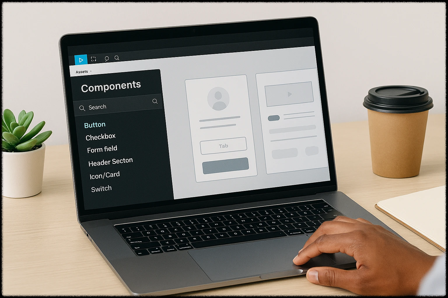 Figma의 컴포넌트 패널이 열린 노트북 모습