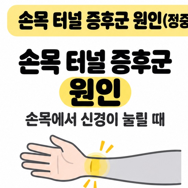 손목 터널 증후군 원인 제목과 손목에서 신경이 눌릴 때라는 안내 아래 손목 부위를 노란색으로 강조한 손 그림