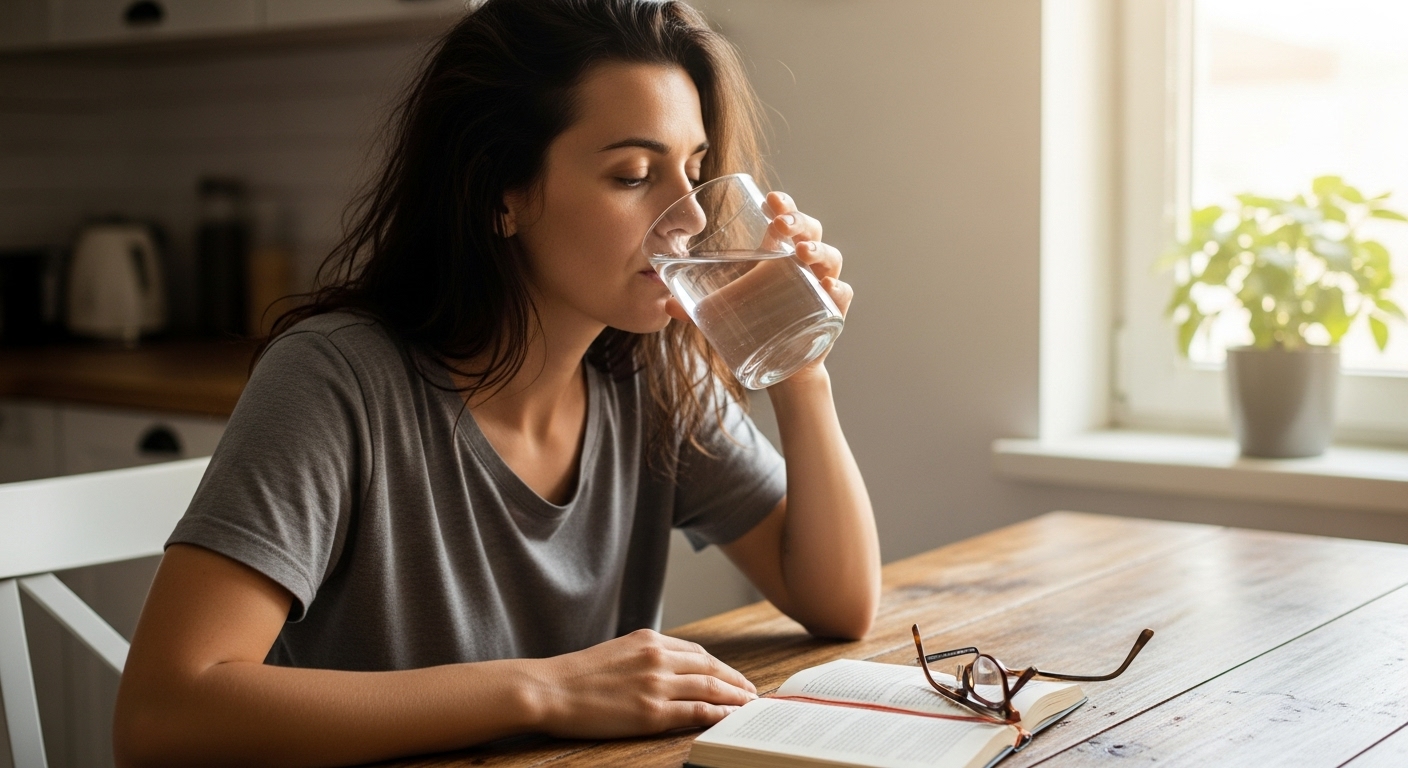 아침 일찍 일어나 식탁 위에서 물 한잔을 마시는 여성