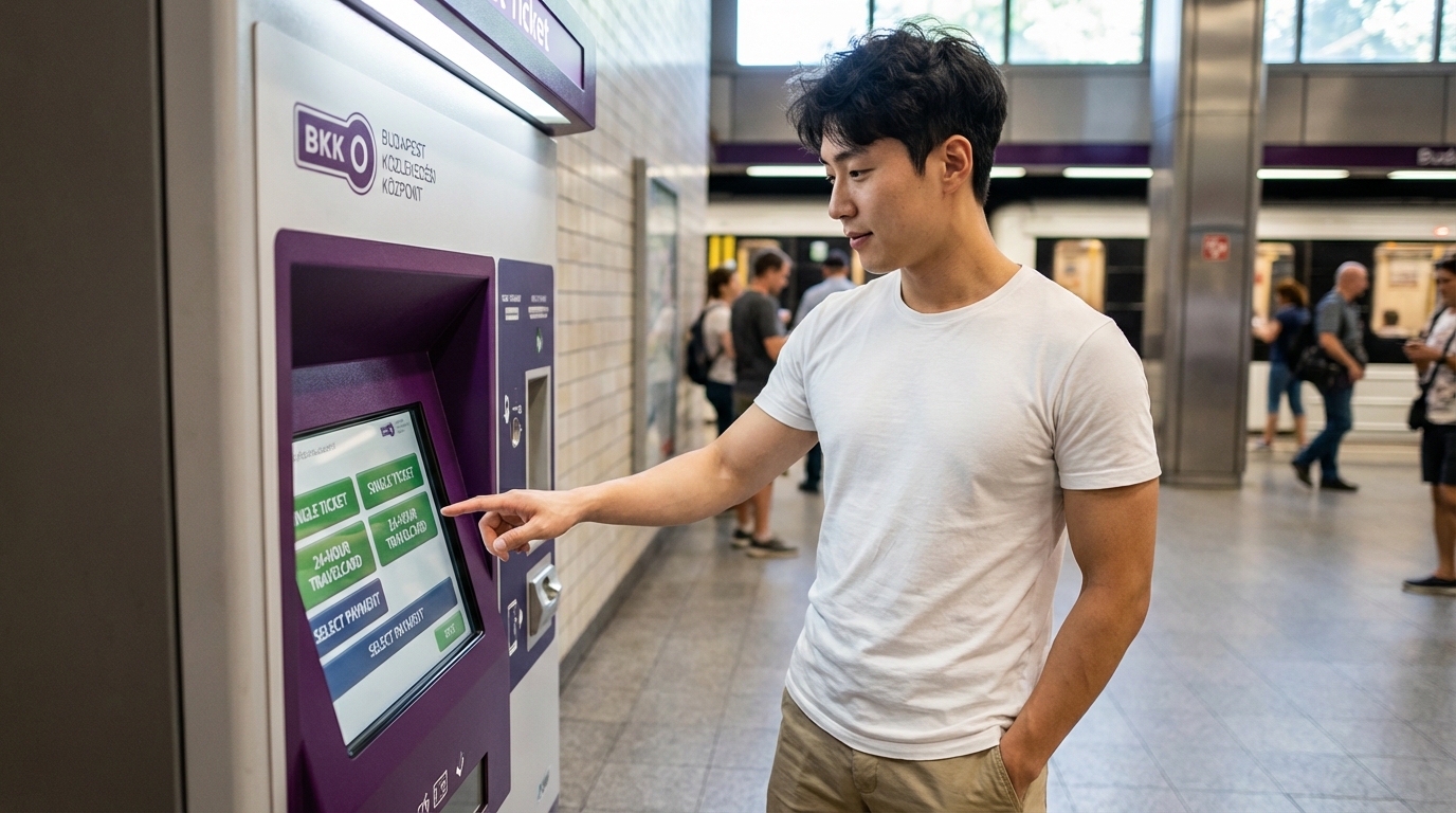 부다페스트 지하철역 자동발매기에서 교통권을 구매하는 여행자의 손