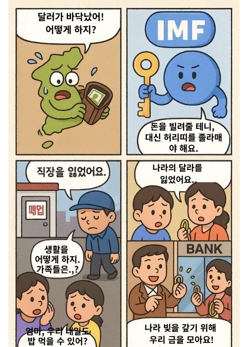 1997년 IMF 외환위기. 달러 부족과 외국 자본 이탈, IMF 구제금융 조건, 실업 대란과 생활고, 마지막은 금 모으기 운동과 국민 단합의 교훈에 대한 4컷 만화