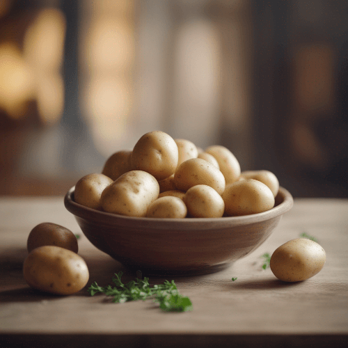 식탁 위에 그릇에 담긴 감자가 있는 그림