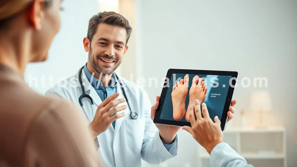 부드러운 미소를 띤 전문 피부과 의사가 온화한 표정으로 환자의 발 이미지가 띄워진 태블릿 화면을 보며 설명하는 모습.