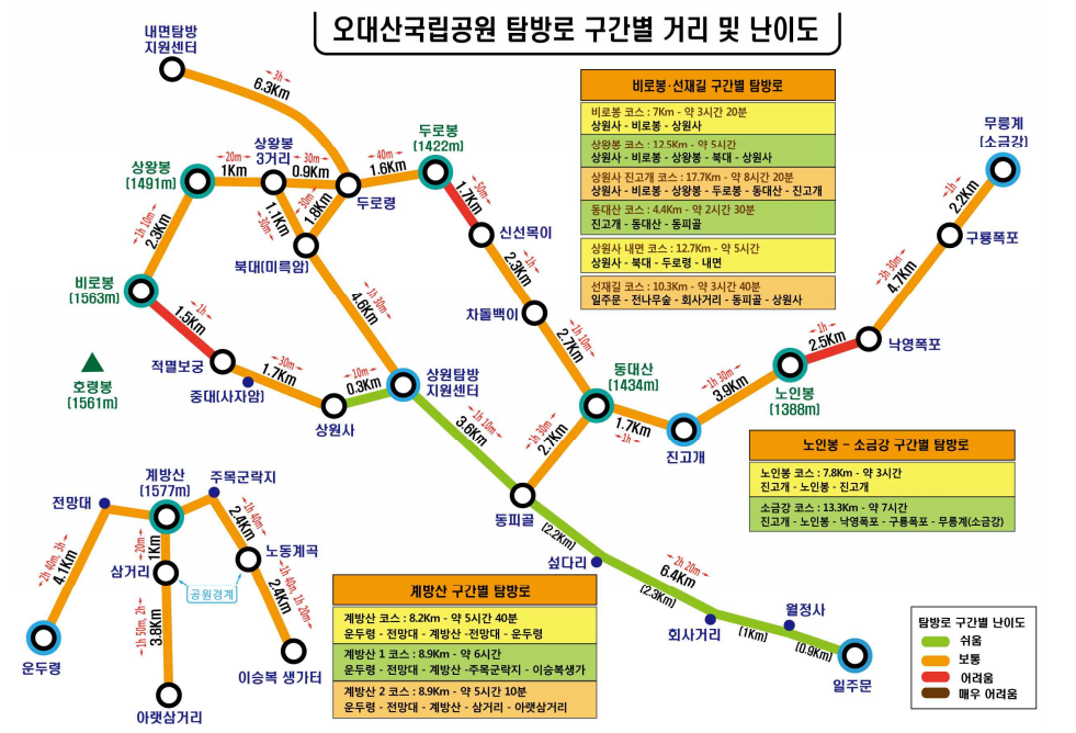 오대산 탐방로 안내 지도