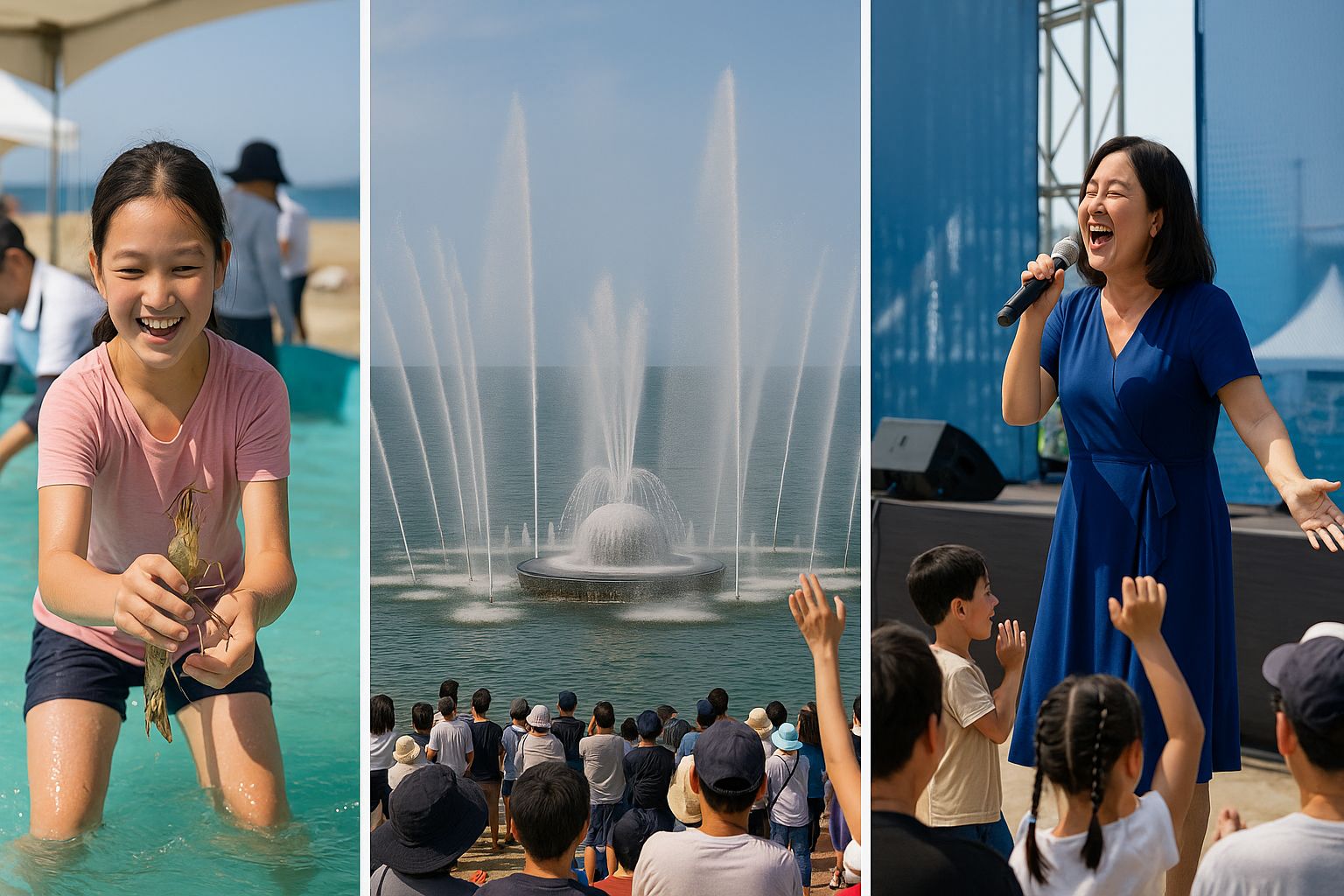 홍성 남당항 대하축제 현장, 어린이 맨손 대하잡기 체험, 바다 음악분수 공연, 무대 위 가수와 관객이 함께하는 즐거운 축제 모습