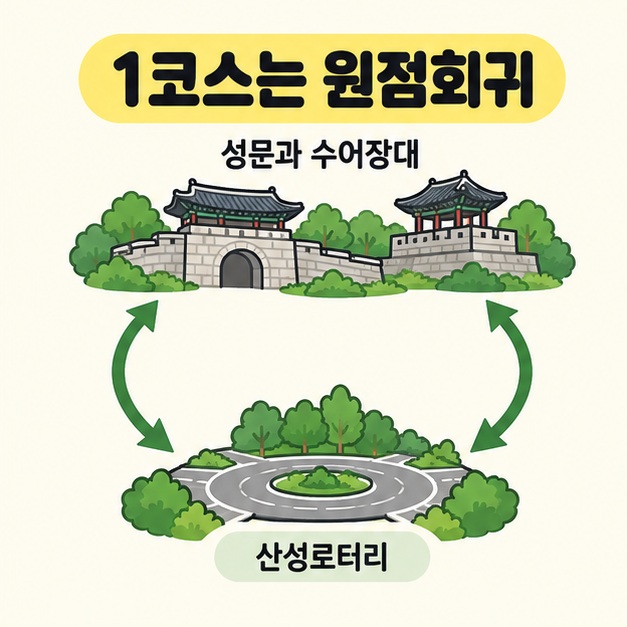 1코스는 원점회귀라는 제목 아래 산성로터리와 성문 및 수어장대 삽화를 양쪽의 굽은 화살표로 연결한 그림