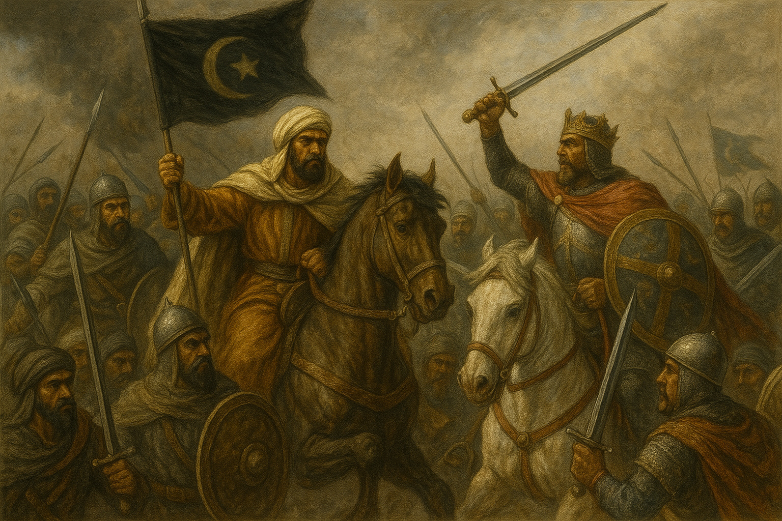 타리크 군은 서고트 왕국의 국왕 로데리크와 과달레테 전투에서 맞붙는 모습을 상징하는 그림