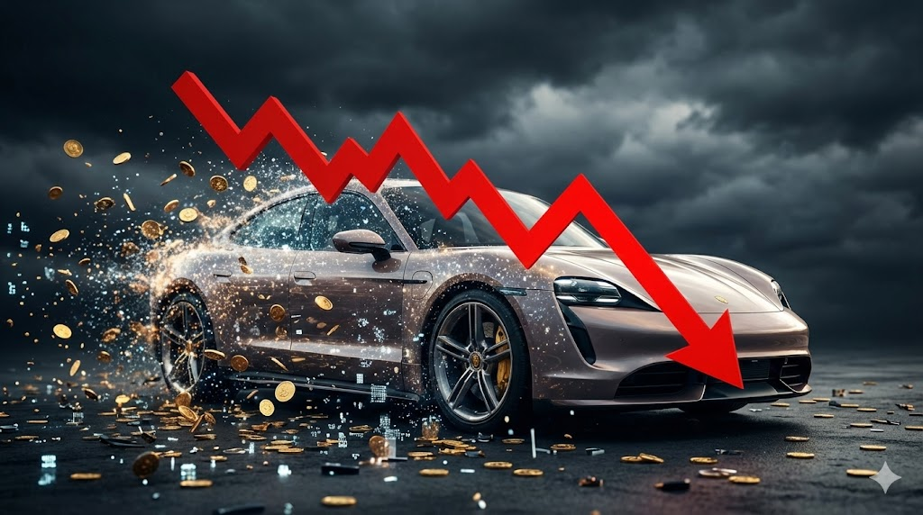 고급 전기 스포츠카가 디지털 픽셀과 금화로 분해되어 흩어지는 모습을 어둡고 극적인 배경 속에 담았습니다. 차량 위로는 붉은색의 하락하는 주식 그래프가 거대하게 오버레이되어 가치 손실을 직관적으로 보여줍니다. 높은 명암비와 역동적인 효과로 위기감을 강조했습니다.