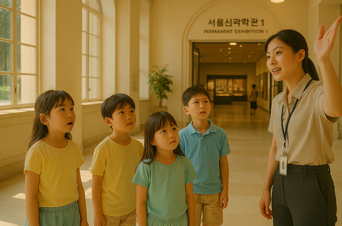 과학관에서 설명듣고 있는 아이들