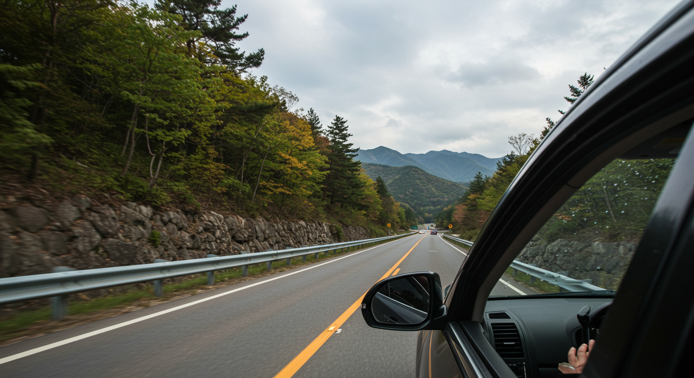 강원도 로드트립 중 운전대 위 손과 차창 밖 풍경