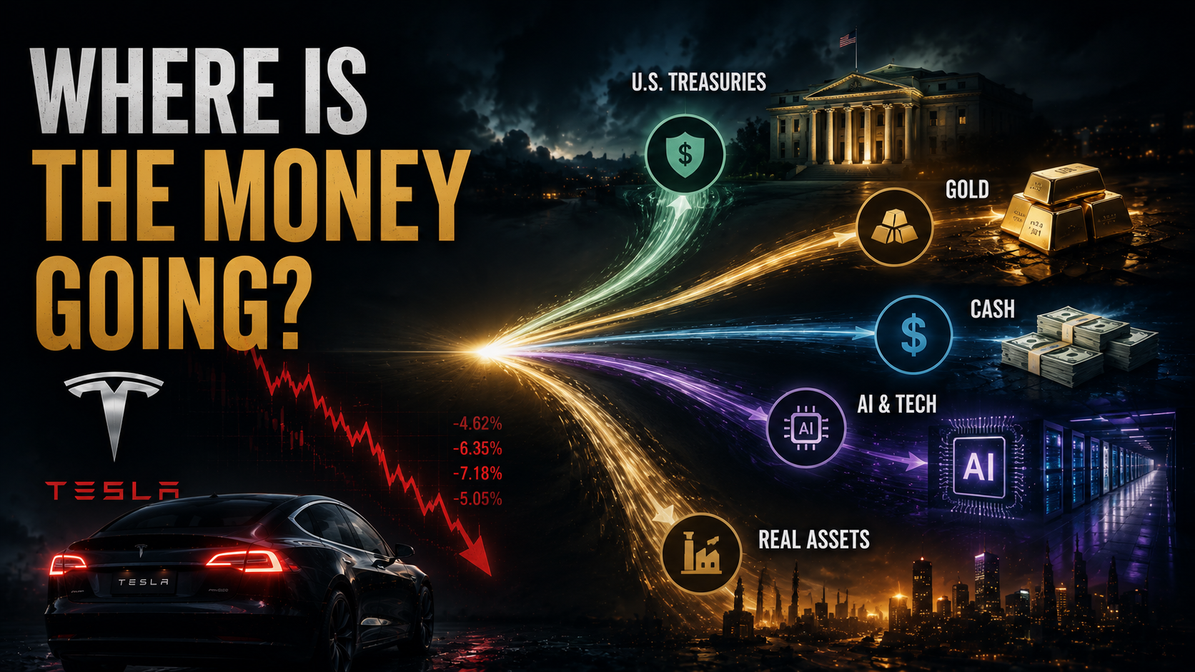 Capital flowing from Tesla into Treasury bonds, gold, cash, and AI technology assets during a market rotation.