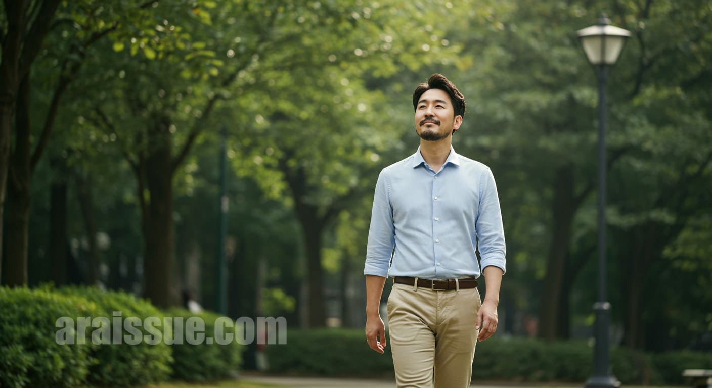 점심시간을 이용하여 햇빛 아래 산책 중인 직장인 모습