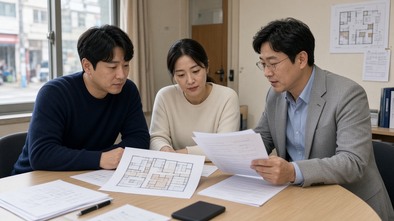 부동산 중개사무소에서 평면도와 임대차계약서를 함께 검토하는 한국인 30대 부부와 중개사