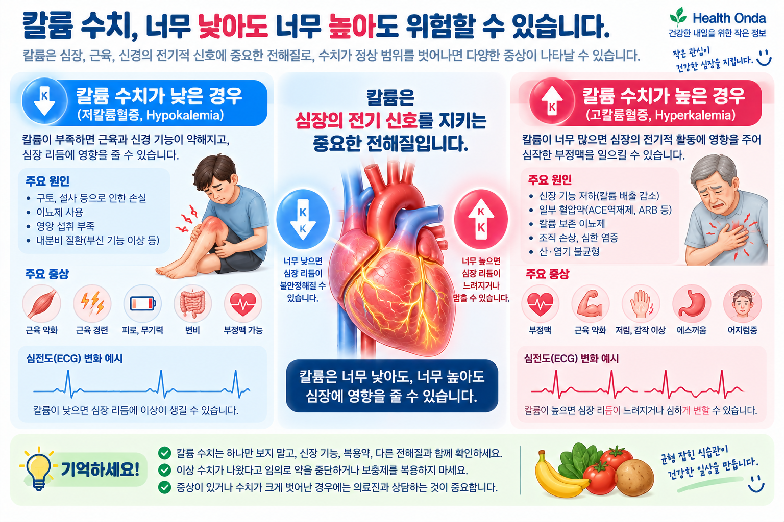 칼륨과 신장 및 심장 기능을 설명하는 그림