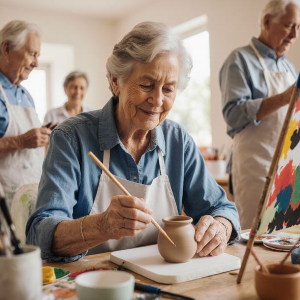60대의 사람이 새로운 취미로 도예를 배우는 장면