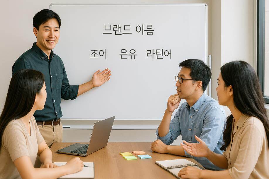 네이밍 전략을 논의하는 스타트업 팀