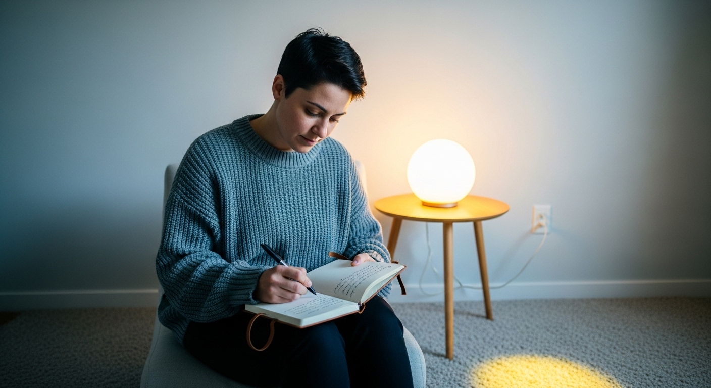 차분한 공간에서 일기를 쓰며 자신을 돌아보는 사람의 모습. 자기 이해와 성찰을 상징합니다.