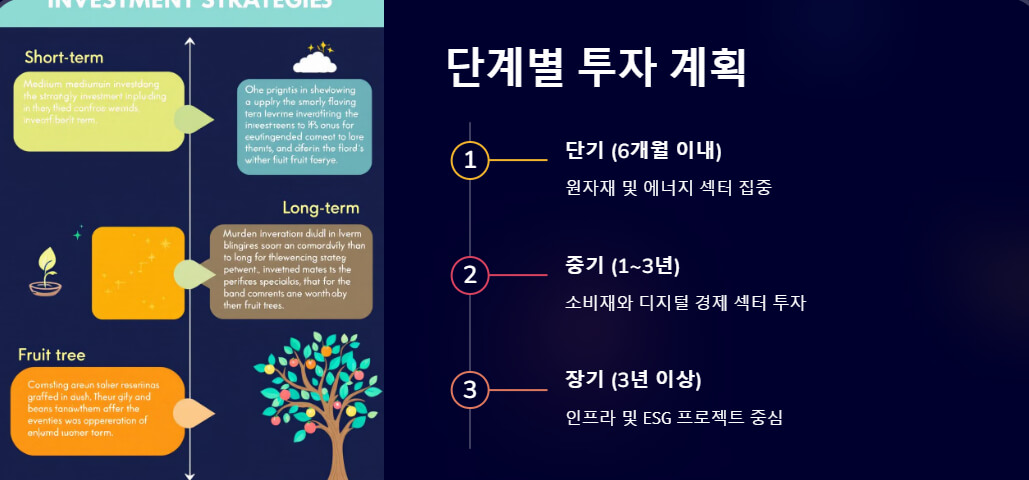 단계별 투자 계획&quot; 제목과 함께 짧은, 중기, 장기 투자 전략을 시각적으로 나타낸 이미지. 각각 원자재, 디지털 경제, ESG 프로젝트 중심의 전략을 설명.