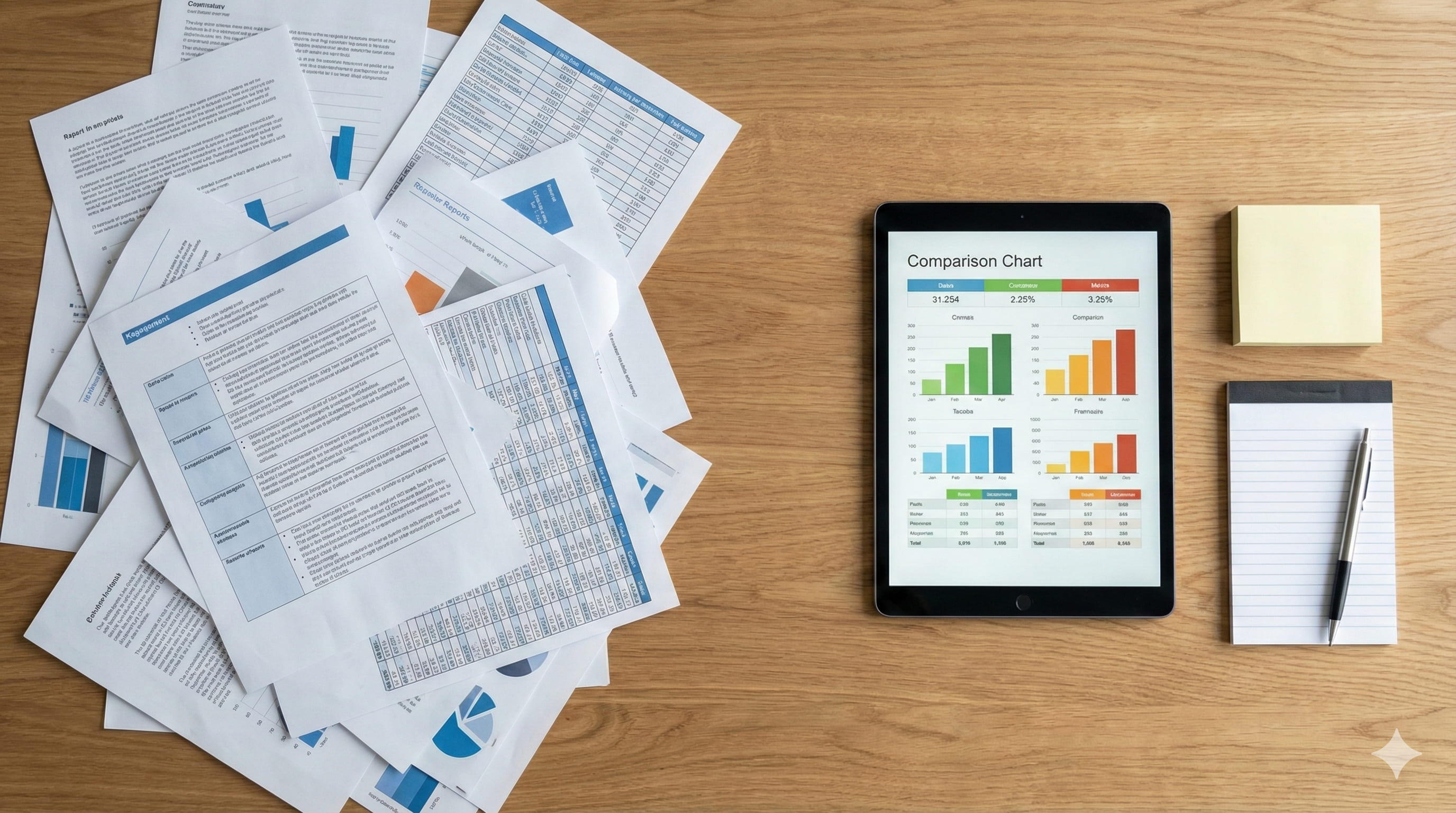 정리가 되니 마음이 놓이는 순간, 복잡한 문서와 깔끔한 비교표가 대비되는 탑뷰