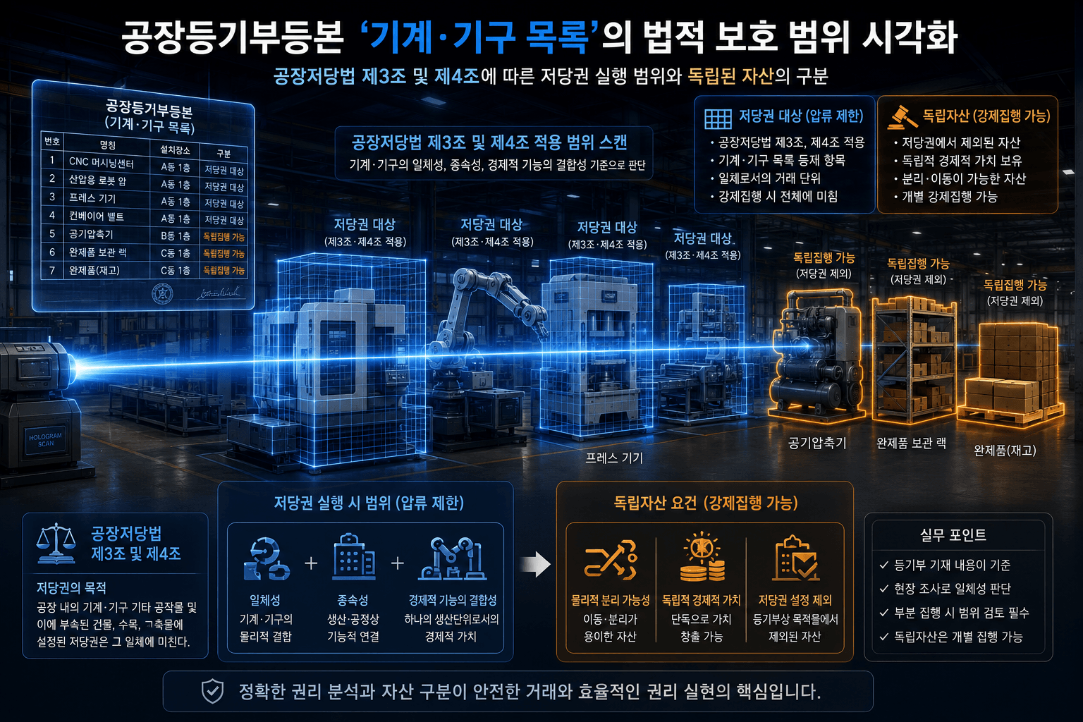 공장 강제집행 시 공장저당법 제3조 및 제4조의 효력 범위를 분석하여, 선순위 저당권에 묶인 설비(블루 네트워크)와 일반 채권자가 독자적으로 압류할 수 있는 독립 자산(오렌지 하이라이트)을 정밀하게 분별하는 실무 메커니즘을 묘사한 그래픽