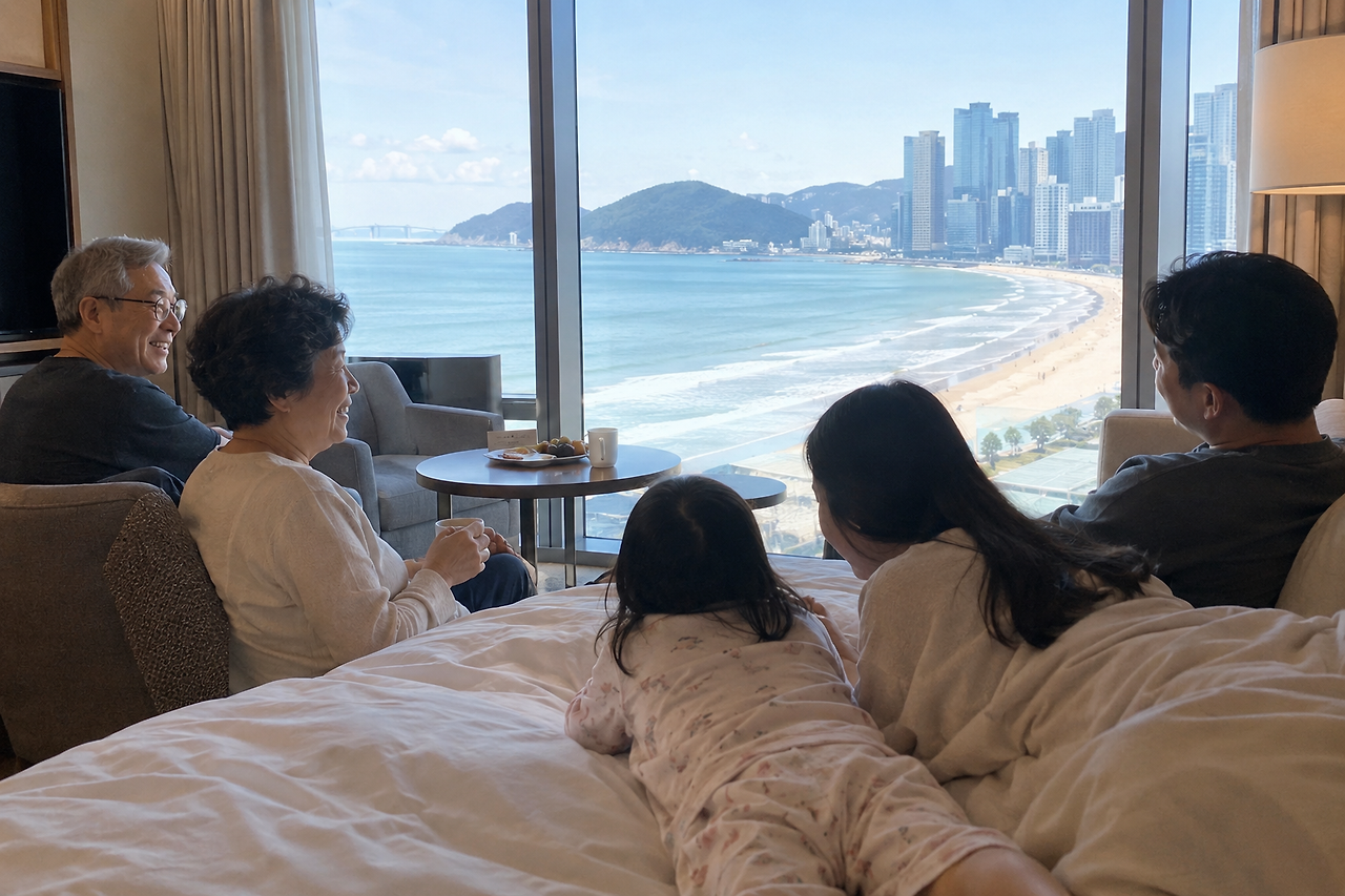 부산 바다가 보이는 호텔에서 부모님과 부부, 아이가 함께 편안하게 쉬며 가족 호캉스를 즐기AI이미지