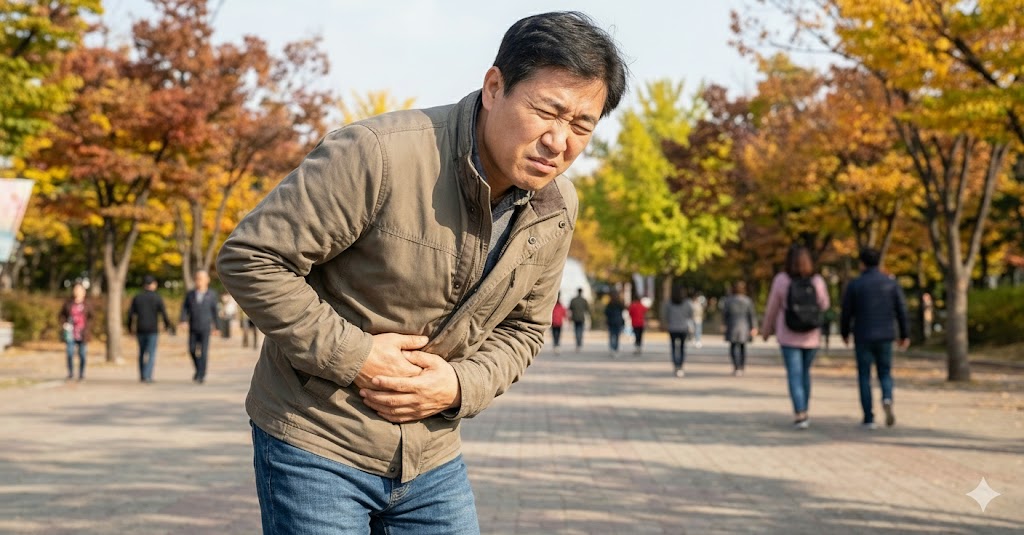 방귀가 뀌고 싶은지 배가 아픈 어느 남성의 사진 ㅎㅎ