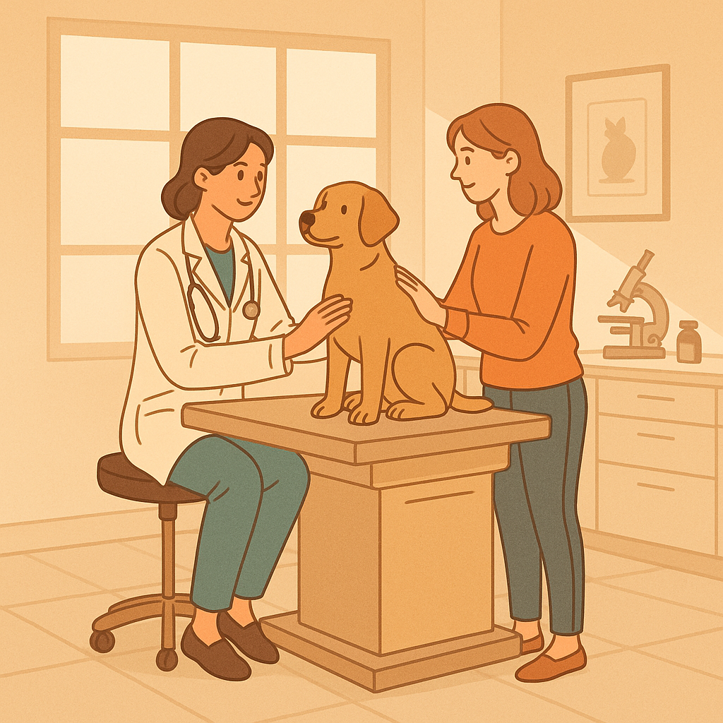 동물병원 진료실에서 반려견과 보호자가 수의사와 상담하는 따뜻한 분위기의 일러스트 이미지