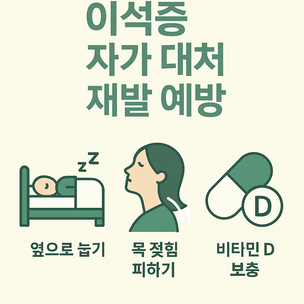 이석증 예방을 위해 옆으로 눕기, 목 젖힘 피하기, 비타민 D 보충 등 생활 습관 안내