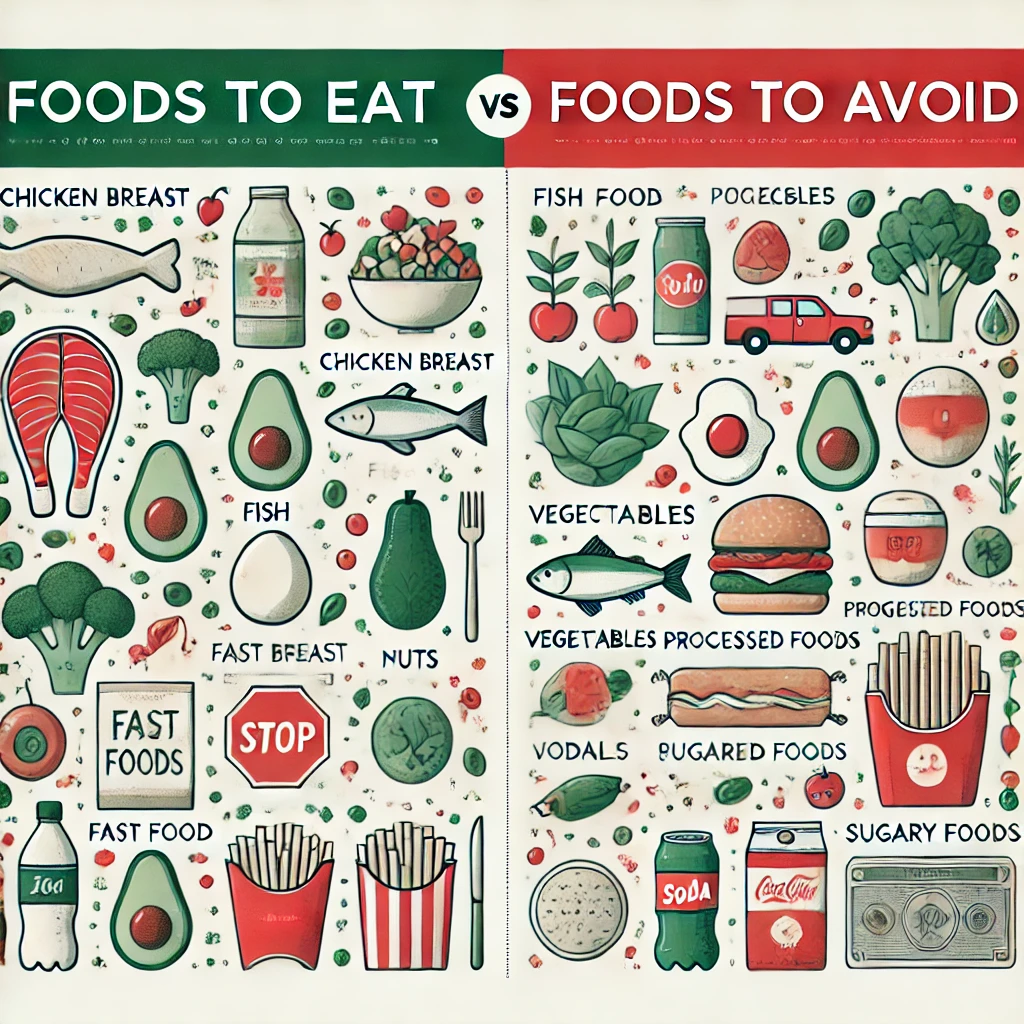 "건강한 음식 vs 피해야 할 음식 (Healthy Foods vs. Unhealthy Foods) 비교 인포그래픽. 추천 음식(녹색): 닭가슴살, 생선, 견과류, 채소, 아보카도, 달걀. 피해야 할 음식(빨간색): 패스트푸드, 가공식품, 탄산음료, 설탕이 많은 음식. 건강한 식습관을 위한 시각적 가이드."