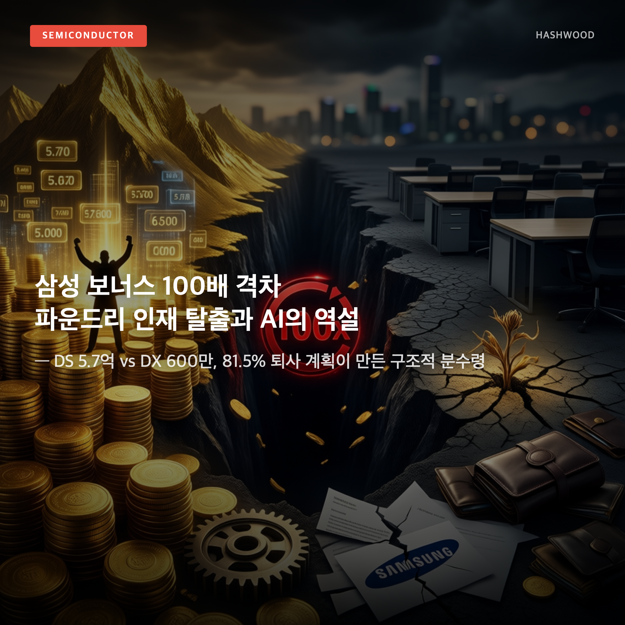 그림: 삼성 보너스 100배 격차 파운드리 인재 탈출과 AI의 역설 — — DS 5.7억 vs DX 600만, 81.5% 퇴사 계획이 만든 구조적 분수령