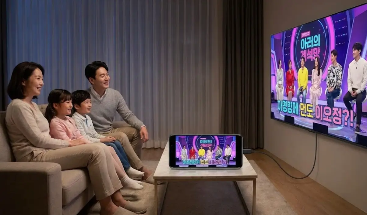 4인 가족이 소파에 앉아 스마트폰에서 미러링 된 고화질 지상파 예능 프로그램을 대형 TV로 즐겁게 시청하는 모습