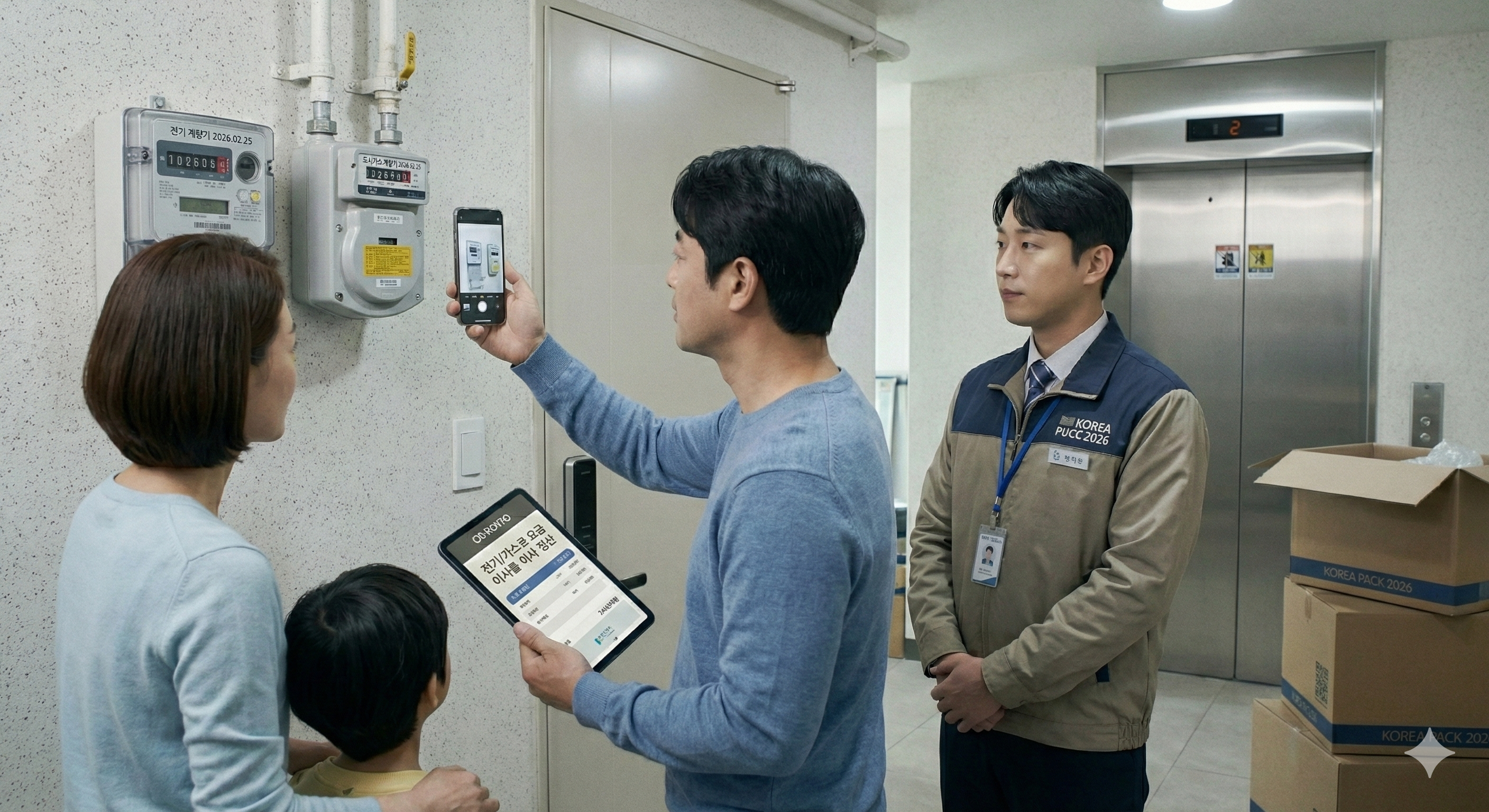 이사 당일 전기 및 가스 계량기 수치를 확인하며 정산을 진행하는 모습