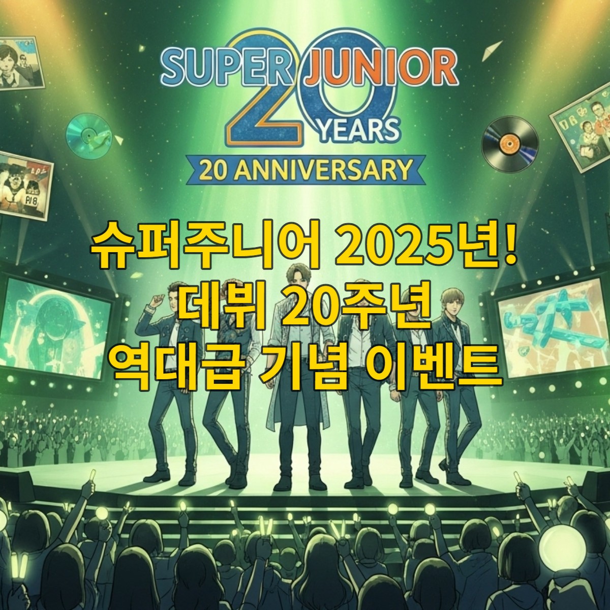 슈퍼주니어 데뷔 20주년을 기념하는 화려한 무대와 멤버들, 그리고 푸른색 야광봉을 든 팬덤 엘프의 모습.