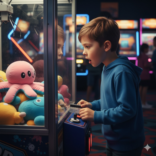 학교앞 무인인형뽑기 가게에서 인형뽑기에 열중한 초등학생 이미지