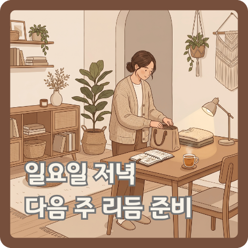 일요일 저녁 집 안에서 메모장과 가방, 따뜻한 차를 두고 다음 주 생활 리듬을 준비하는 여성의 웰니스 루틴 일러스트