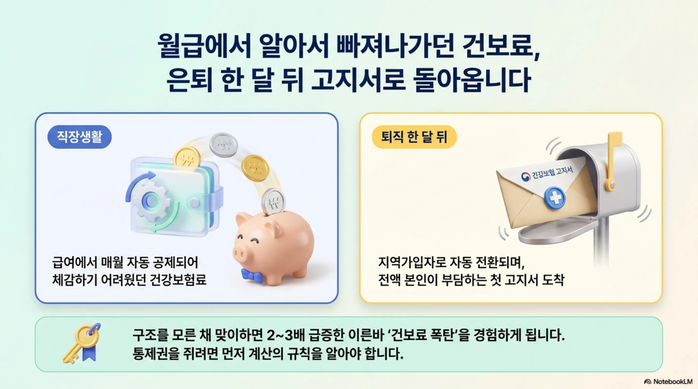 퇴직 후 건강보험료: 월급에서 자동 공제되던 건강보험료가 퇴직 한 달 뒤 지역가입자 고지서로 돌아오는 과정을 직장생활과 퇴직 후로 나누어 보여주는 인포그래픽. 퇴직 후 건강보험료가 2~3배 급증하는 구조를 설명함