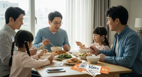 따뜻한 분위기&amp;#44; 할인쿠폰으로 기분 좋은 식사 중인 가족