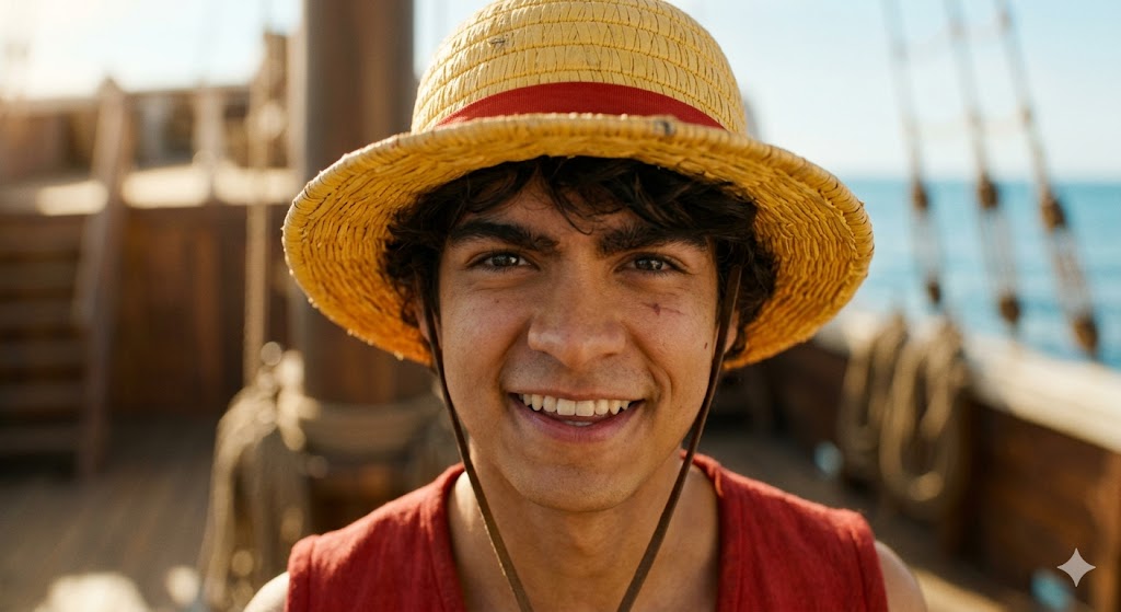 Close up of live action Luffy wearing his iconic straw hat and smiling brightly.