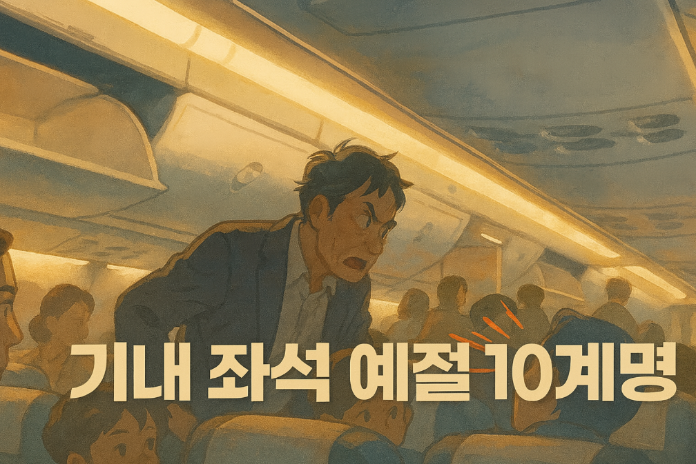 비행기 객실 내부. 복도 쪽에 선 중년 남성이 매우 화난 표정으로 앞좌석 승객에게 항의하고 있는 이미지