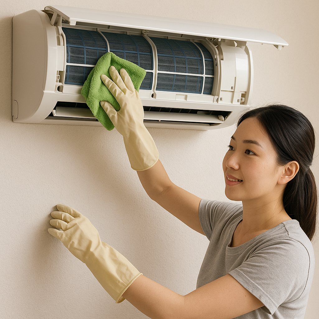 에어컨 청소하는 여성