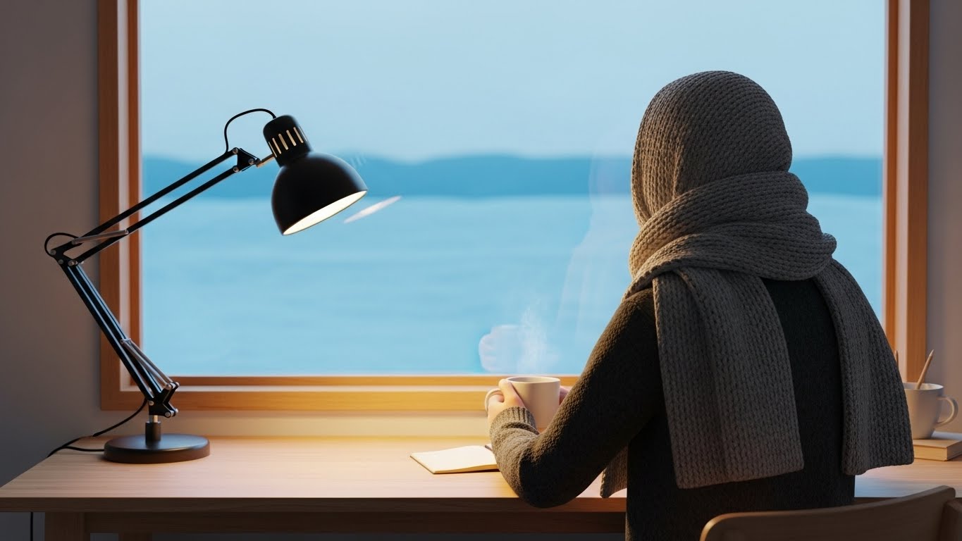 따뜻한 스카프를 두른 사람이 책상에 앉아 김이 나는 컵을 들고 있다. 창밖으로는 눈이 내리는 추운 겨울 풍경이 보이며, 실내는 아늑하고 건강한 분위기를 연출한다.