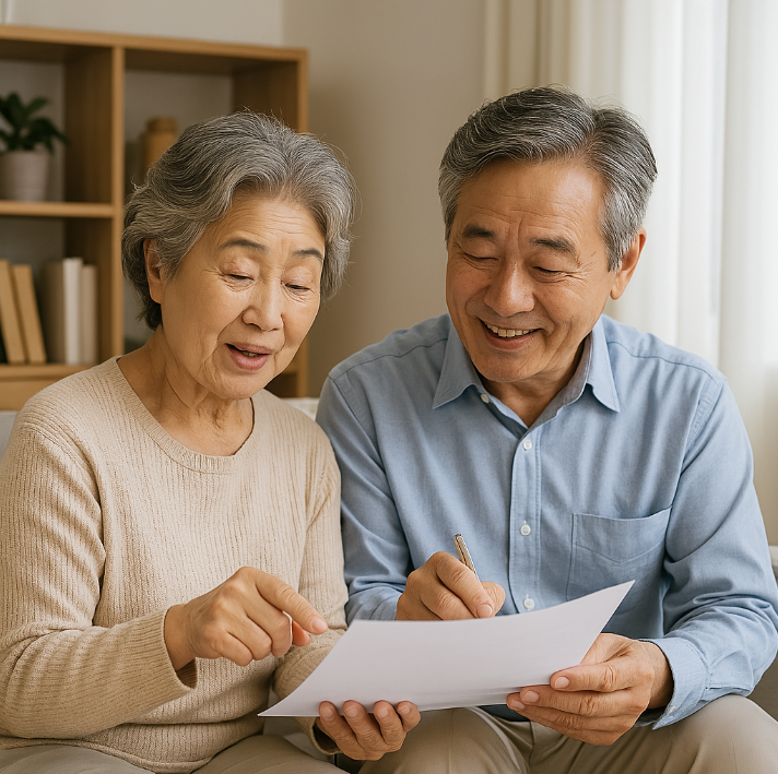 서류를 함께 확인하는 노부부의 모습