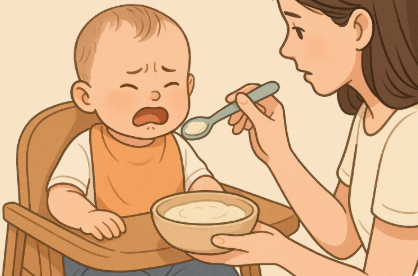 초조해하며 울음을 터뜨리는 아기에게 이유식을 떠먹이려 애쓰는 엄마의 모습이 담긴 따뜻한 일러스트