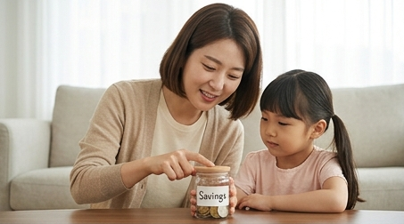 가족이 함께 저금통을 열어보며 웃는 모습