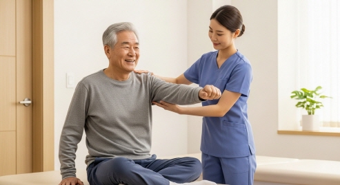 병원에서 물리치료 받는 어르신