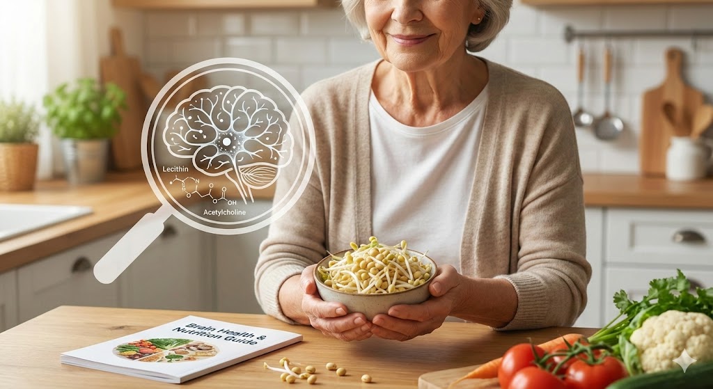 노년기 인지 건강과 관련된 콩나물 레시틴의 영양학적 작용 방식 및 대뇌 신경 전달 물질 원료 공급에 관한 정보 요약 시각화 자료